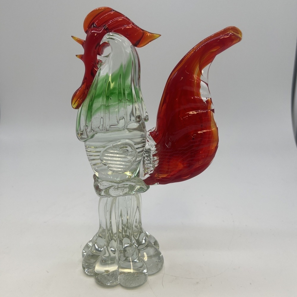 Colorful 8" Tall Art Glass Rooster Figurine Statue